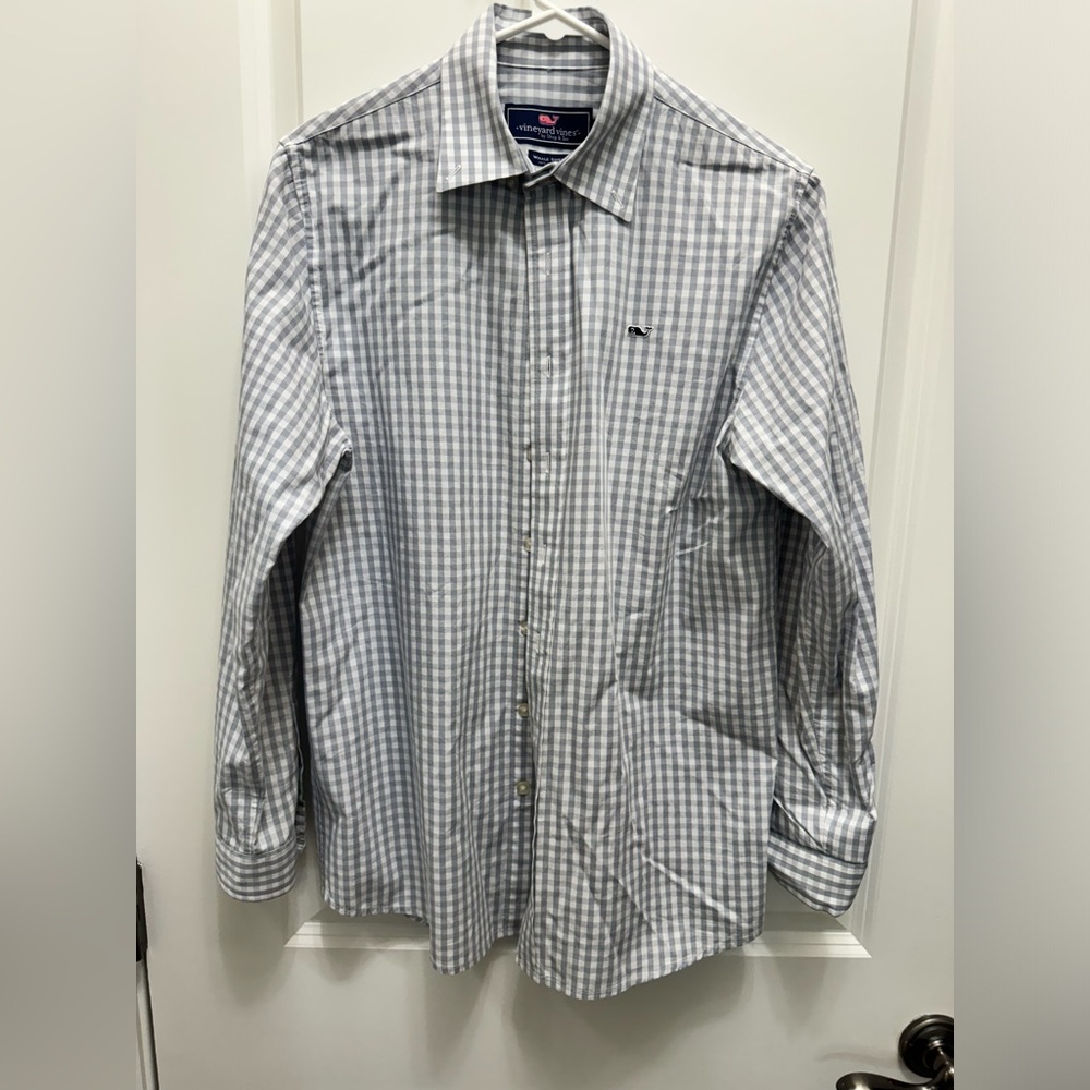 Vineyard Vines Boys Whale Shirt Button Up Long Sleeve Size XL 16 Grey/White